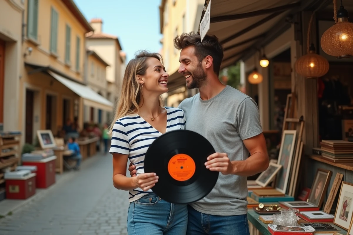Jeune couple souriant découvrant un vinyle ancien dans un vide-grenier du Lot