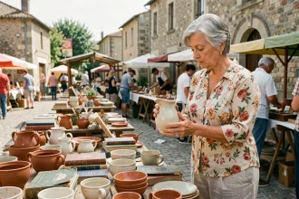 Femme examinant une cruche en céramique vintage sur un stand de vide-grenier en Lot-et-Garonne