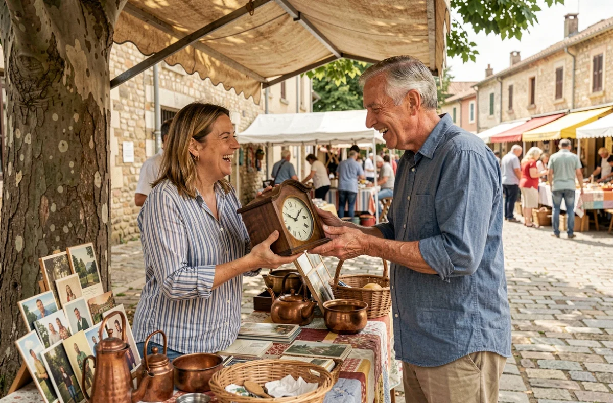 Couple négociant le prix d'une horloge ancienne avec un vendeur lors d'un vide-grenier en Lot-et-Garonne