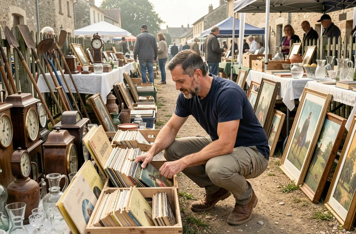 Homme fouillant des vinyles et livres anciens dans un vide-grenier rural du Lot-et-Garonne