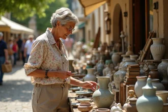 Femme examinant un vase ancien sur un stand de vide-grenier dans un village du Lot
