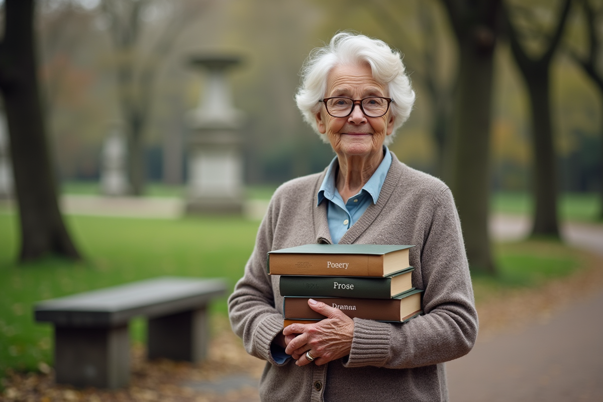 Femme âgée tenant des livres dans un parc paisible