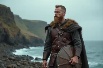 Viking homme en armure sur la côte sauvage