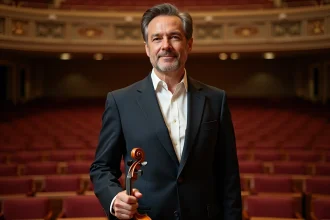 Violoniste classique masculin en costume marine tenant son violon sur scène dans une salle de concert majestueuse, illustrant la stature et la présence d'un artiste accompli