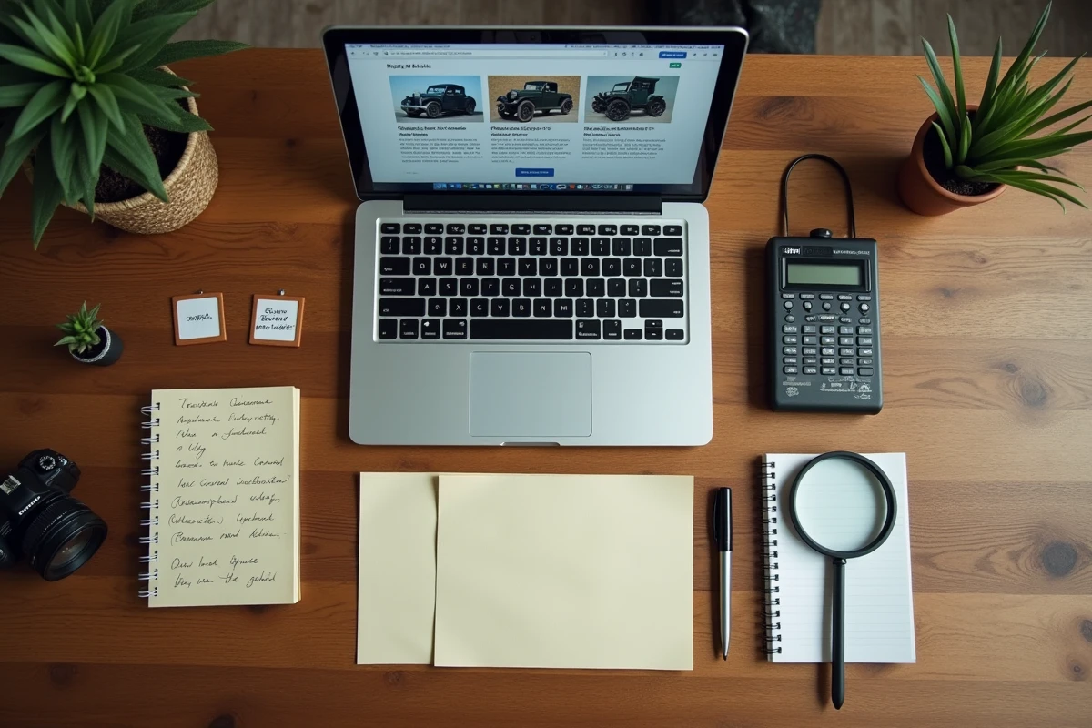Vue aérienne d'un espace de recherche avec laptop affichant une page d'archives, notes manuscrites et loupe vintage sur table en bois