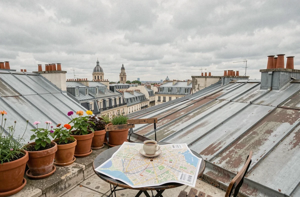 Vue panoramique sur les toits calmes d'un arrondissement parisien avec carte et café en terrasse